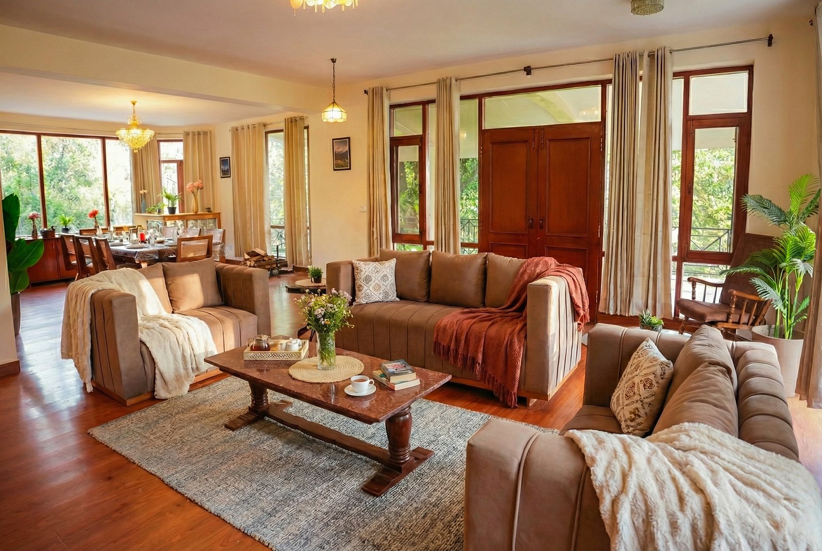 Spacious living room inside Forestbound Cottage Manali featuring warm wooden interiors, plush sofa, fireplace, and panoramic forest views through large windows